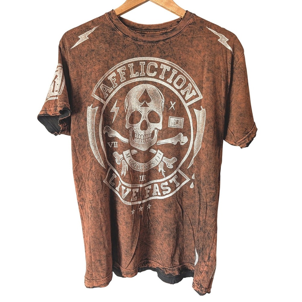 Affliction T-Shirt Mens XL Orange Black Acid Wash Skull Live Fast Graphic Tee